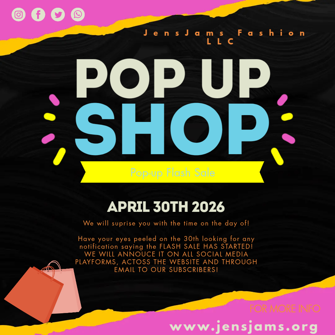 Promotional graphic for a pop-up flash sale by JensJams Fashion LLC, scheduled for April 30th, 2026. The design features colorful text and shopping bags.